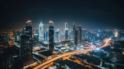 Obraz premium A stunning high-angle view of a city illuminated at night, highlighting the vibrant lights and modern skyscrapers, creating a lively urban panorama.