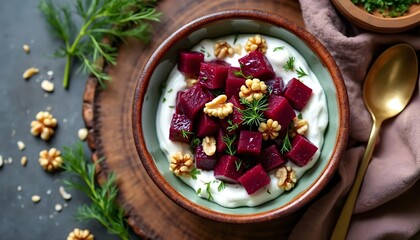 Pantzaria Salata Greek Beetroot Salad with Yogurt and Walnuts (Greek Cuisine)