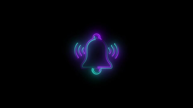 Neon line bell icon animation on background.  Mobile app notice, new message notification, reminder bell, alarm, sound alert and subscription notification.