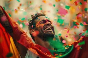 Vibrant colors stand out against muted background as person joyfully celebrates with arms raised, wearing colorful makeup, surrounded by confetti in various shades of pink, green, yellow, orange,