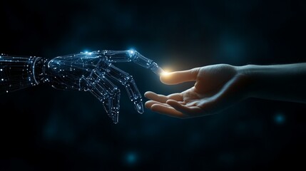 A futuristic depiction of a robotic hand reaching to connect with a human hand, symbolizing the union of technology and humanity.