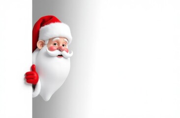 Obraz premium Charismatic Santa Claus peeks out from behind a large empty white board and smiles at the camera, pointing to your advertisement with his hand. Place for text