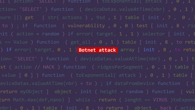 Cyber attack botnet attack text in foreground screen of code editor developer studio point of vue. Vulnerability text in binary system ascii. Text in English, English text