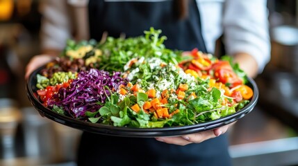 Obraz premium A woman holding a tray filled with colorful salads and hearty meals, as part of the restaurant's menu presentation.