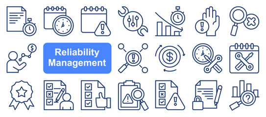 Reliability management icon collection set. Containing availability, maintainability, failure, risk, redundancy, fmea, mtbf icon. Simple flat vector.