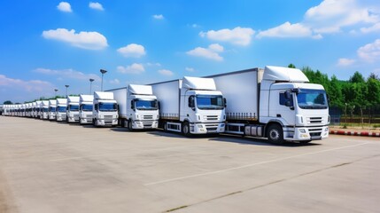 Line of diesel semi-trailer trucks parked in a lot, set against a backdrop of a clear blue sky.