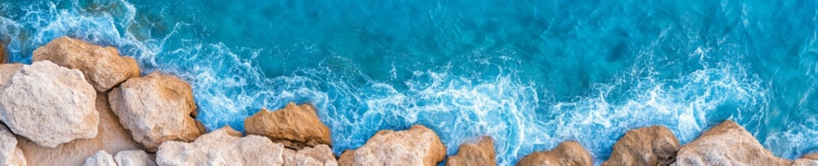Fototapeta premium Aerial view of rocky coastline with turquoise water waves crashing against stones.