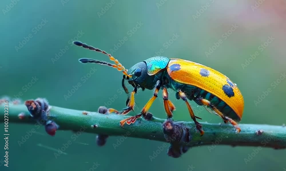 Poster colorful bug is on a branch. the bug is green and yellow. hyperrealistic video