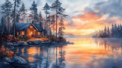 Fototapeta premium Cabin by the Lake at Sunset
