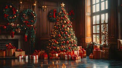 Cozy and Festive Christmas Holiday Scene Featuring a Beautifully Adorned Tree Sparkling Lights Wreaths and Other Traditional Holiday Creating a Warm and Inviting Atmosphere for Parties and