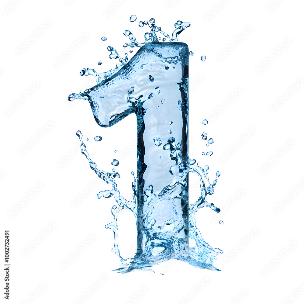 Poster Bursting splash of clear blue water against white background creating dynamic motion and energy. Refreshing and pure liquid fluid with flowing droplets.