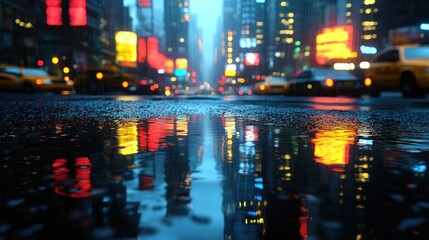 Obraz premium A low angle view of a wet city street in the rain with blurred city lights reflecting in a puddle.