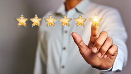A hand is pointing at four stars, Giving positive review for client's satisfaction surveys 