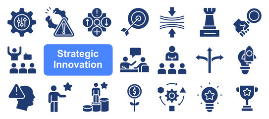 Strategic Innovation icon set. Creative Solutions, Disruptive Technologies, Strategic Innovation, Future Trends, Competitive Advantage, Agile Innovation and Design Thinking