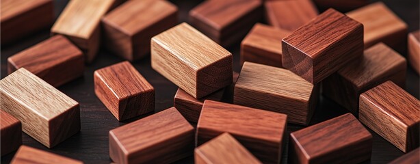 A collection of wooden blocks in various shades, showcasing rich textures and colors, ideal for decorative or educational purposes.