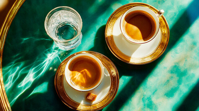 Fotograf&iacute;a en primer plano de dos tazas y platillos con caf&eacute;, dispuestos sobre una mesa verde esmeralda al estilo parisino de Le Nain. La escena incluye vasos de agua y galletas de chocolate, captada 