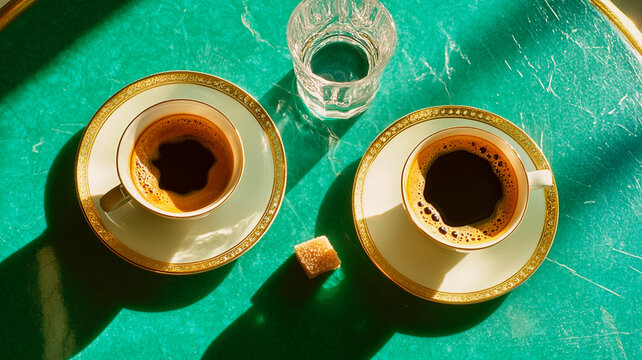 Fotograf&iacute;a en primer plano de dos tazas y platillos con caf&eacute;, dispuestos sobre una mesa verde esmeralda al estilo parisino de Le Nain. La escena incluye vasos de agua y galletas de chocolate, captada 