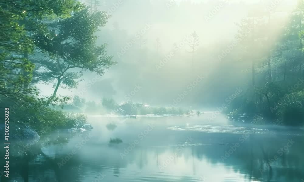 Poster serene and peaceful scene of a river with trees in the background. the water is calm and the sky is 