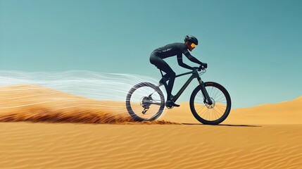 Naklejka premium A sleek modern bicycle riding smoothly over the desert sands creating a trail of digital lines that add a futuristic technological element to the natural landscape