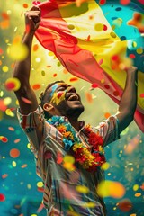 Obraz premium Vibrant man celebrates Colombia flag day surrounded by colorful confetti, wearing striped shirt and yellow flowers, painted face in team colors, joyful atmosphere, high-energy scene.