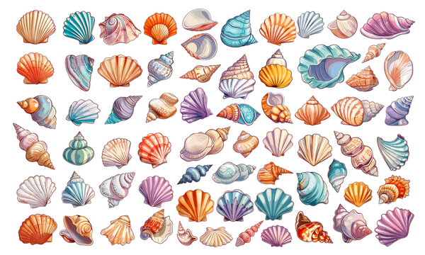 Seashell set. Sea ocean shell collection tropical scallop aquatic spiral underwater exotic animal mollusc snail conch aquarium decoration cartoon vector illustration