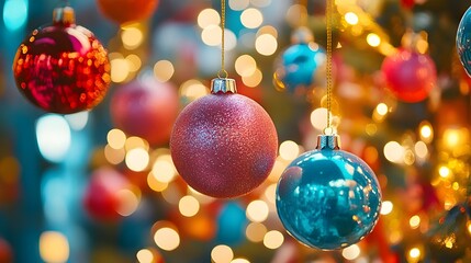 Fototapeta premium Festive and Colorful Christmas Ornaments Hanging with Twinkling Lights Spreading Holiday Cheer and Joyful