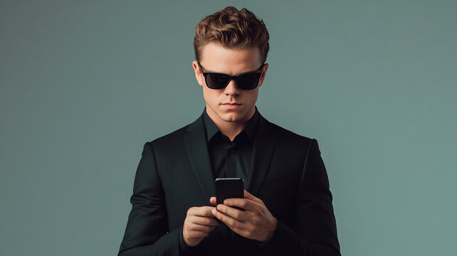 Un joven hombre de negocios con gafas de sol negras, mirando su tel&eacute;fono, de pie sobre un fondo gris. Se trata de un retrato de cuerpo entero, capturado en un estudio con fotograf&iacute;a de alta resoluci&oacute;n