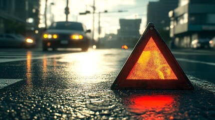 a red emergency triangle placed on a road, with its reflective surface gleaming in the sunlight. The triangle’s sharp angles are in focus, with a blurred vehicle in the background.