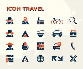 Blue and orange backpacking travel related icons