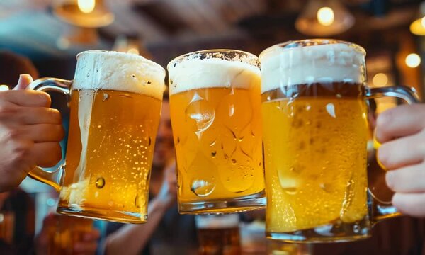 Three people are holding up glasses of beer, celebrating a special occasion. The glasses are filled with foam and the beer is frothy, indicating that it is a cold drink. hyperrealistic Video