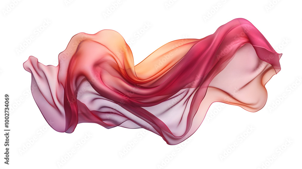 Poster Vibrant,flowing fabric in a gradient of pink,orange,and red colors creating a dynamic,abstract movement. The fabric appears to be swirling and billowing with graceful,elegant curves and a captivating.