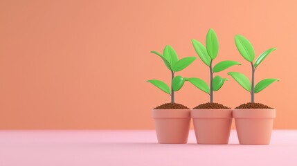 Three green plants in terracotta pots against a soft peach background.