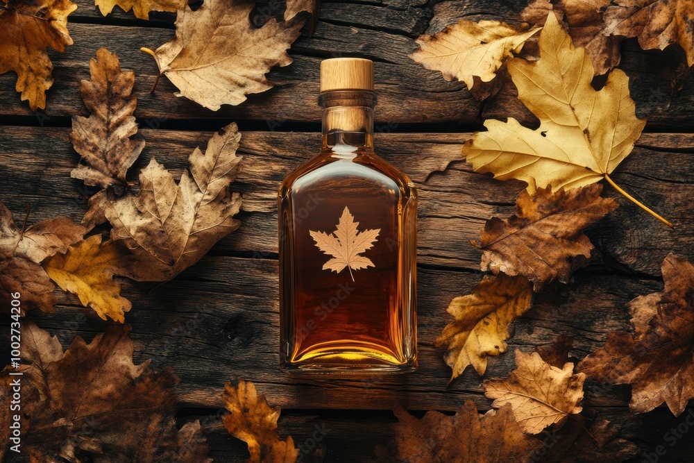 Poster close-up view of a whiskey bottle surrounded by autumn leaves on a rustic wooden table, evoking a co