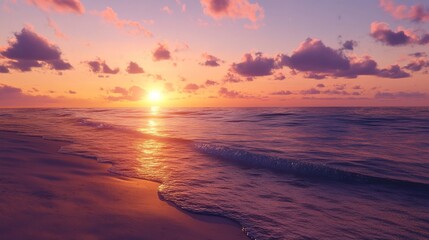 Obraz premium Sunset beach scene, the sky transitioning from orange to deep purple