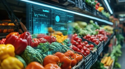 Fototapeta premium AI technology monitoring the packaging of fresh organic produce, with a hologram overlay displaying data in a high-tech food industry setting.