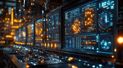A futuristic control room with a row of glowing computer screens displaying data and graphs.