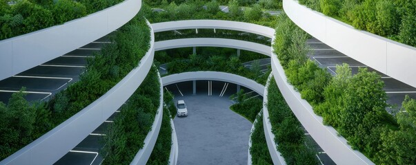 Futuristic parking hub with eco-friendly design, vertical green walls, solar panels, and fully automated electric vehicle charging docks