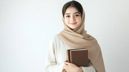 Portrait of muslim female student in hijab with copy space