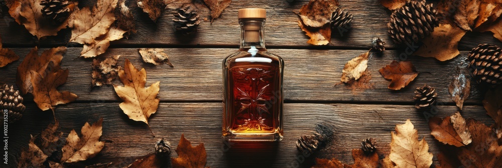 Poster a close-up of a whiskey bottle surrounded by autumn leaves and pine cones on a rustic wooden table. 
