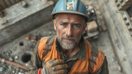 Fototapeta premium A rugged, weathered individual wearing a hard hat, safety vest, and gloves stands confidently with a rugged landscape