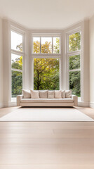 Fototapeta premium Bright and airy living room with a large sofa and beautiful views of nature through expansive windows