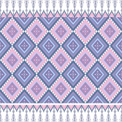 This fabric pattern of geometric shapes and soft pastel tones. Surrounding this diamond are a series of overlapping squares the soft pastel colors, including shades of pink, purple, and blue.