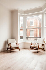 Bright and airy living room with two elegant chairs and a large window overlooking a city street during the day