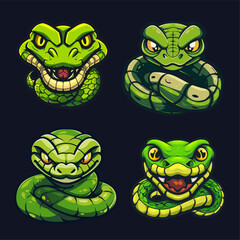 Obraz premium Snake game logos. Snakes cartoon mascot of sport gaming team emblem, wild angry serpent head poison reptile venom viper school football club badge vector illustration