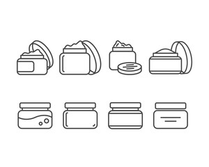 Collection vector icons of beauty, cosmetics and care. Bottle, jar, shower gel, face cream, body lotion, spray, ointment, paste.