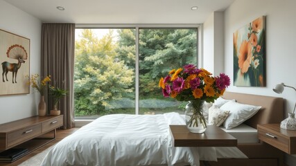 A serene modern bedroom with a plush bed, sleek furniture, and a large window framing a verdant view,