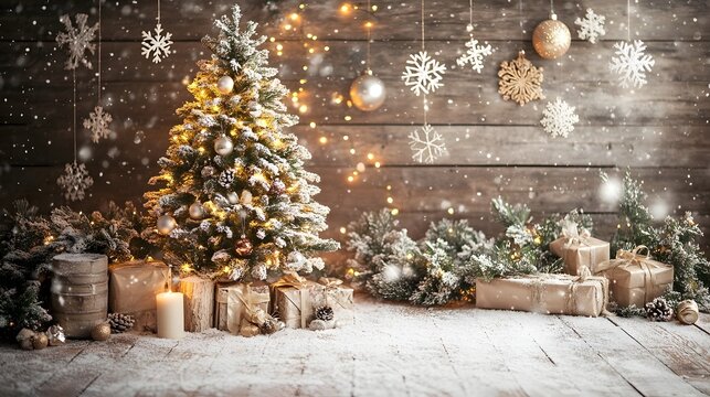 Cozy and festive Christmas photography backdrop with a softly lit Christmas tree sparkling snowflakes and rustic holiday decor like wooden accents candles