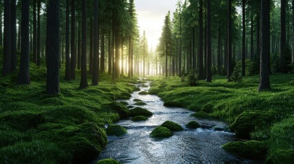 Fototapeta premium Serene forest with towering trees, sunlight filtering through the dense canopy, a gentle stream flowing over moss-covered rocks, peaceful atmosphere