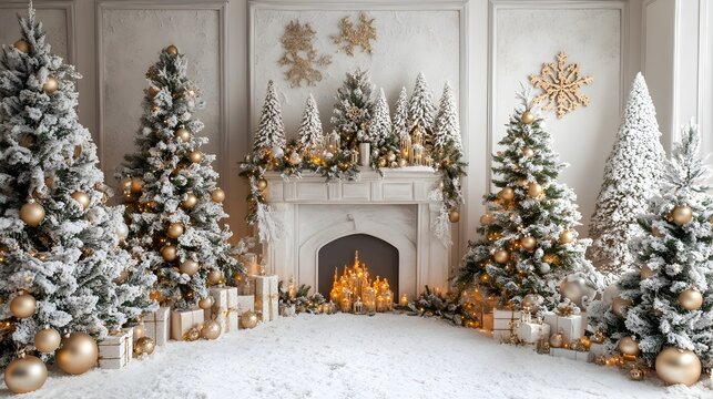 Beautifully crafted winter themed Christmas backdrop featuring snow dusted pine trees shimmering ornaments and a warm