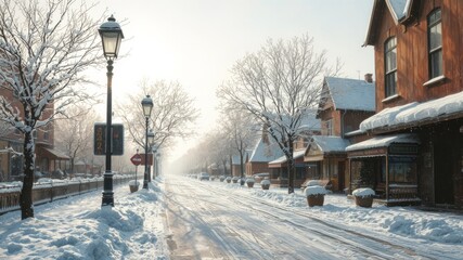 A snow-covered street glistens in the pale winter sun, with frosty lamp posts, bare trees, and rustic buildings